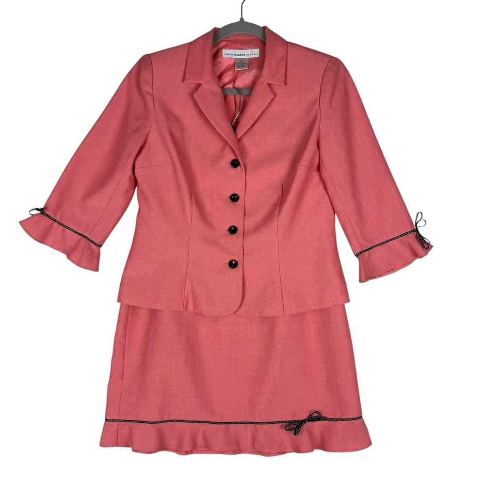 David Warren Skirt Suit Womens 8P Pink 2 Piece Jacket 3/4 Sleeve Ruffle Bow Trim